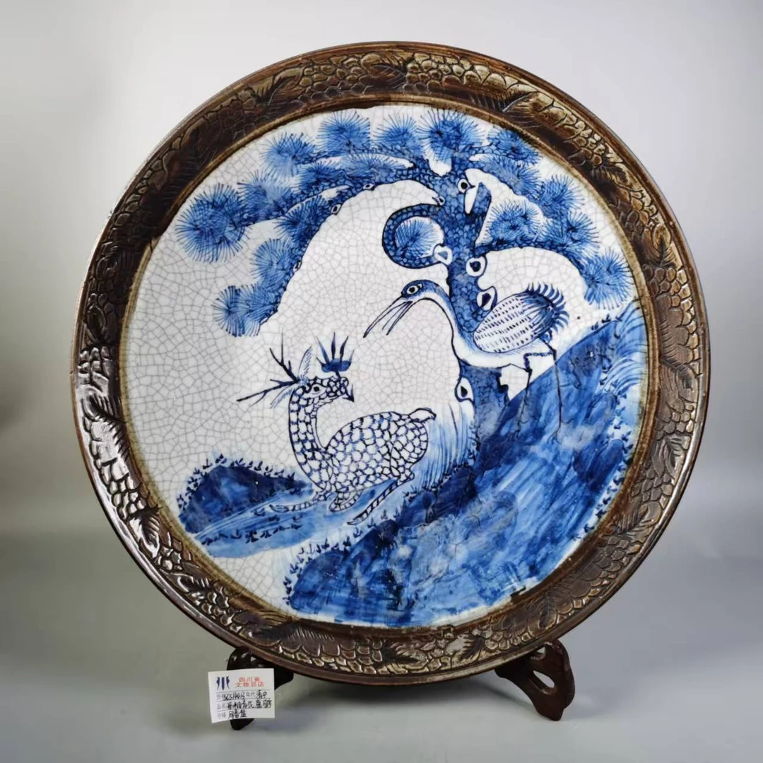 SCS14413清中期哥釉青花鹿鹤同春盘/四川省文物总店