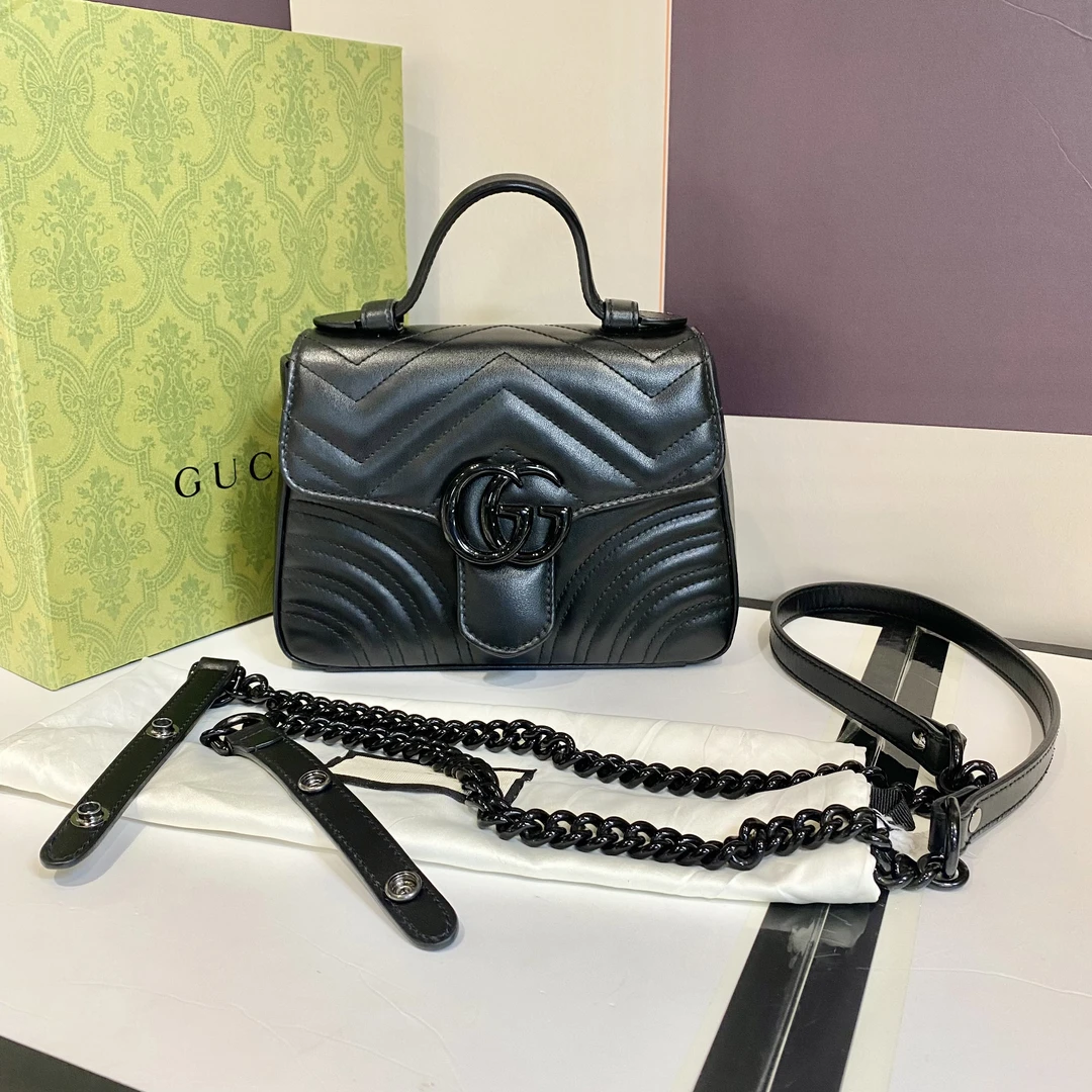 95新 GUCCI/古驰 古驰   黑色马蒙手提包 单肩链条包-2