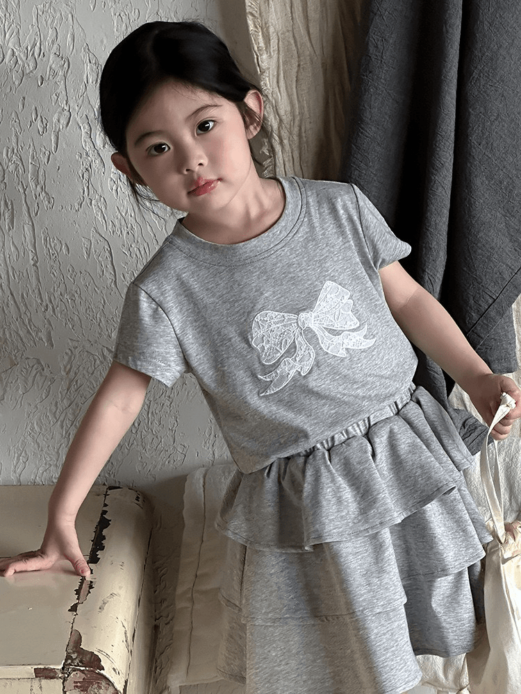 女童蕾丝蝴蝶结针织套装2024夏季新款韩版儿童蛋糕裙针织套装