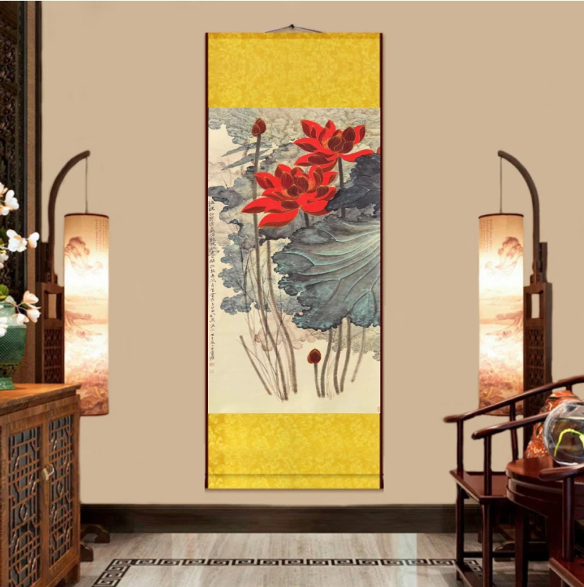 《金丝荷花》新中式客厅玄关办公室书房挂画P8