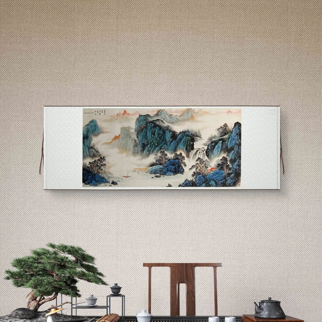 《春山富水》挂画新中式青绿挂画家庭客厅装饰现代画玄关横幅挂画