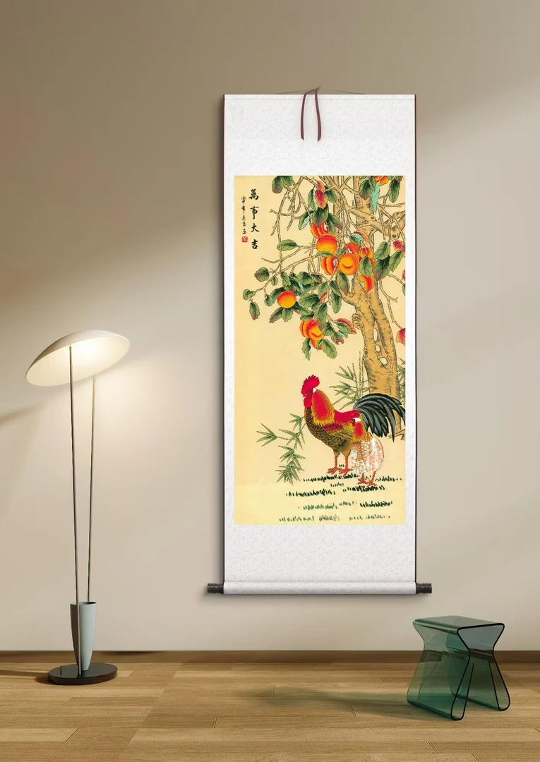 《万事大吉》金鸡报晓雄鸡图福禄客厅玄关入户图四尺竖幅72x170c2