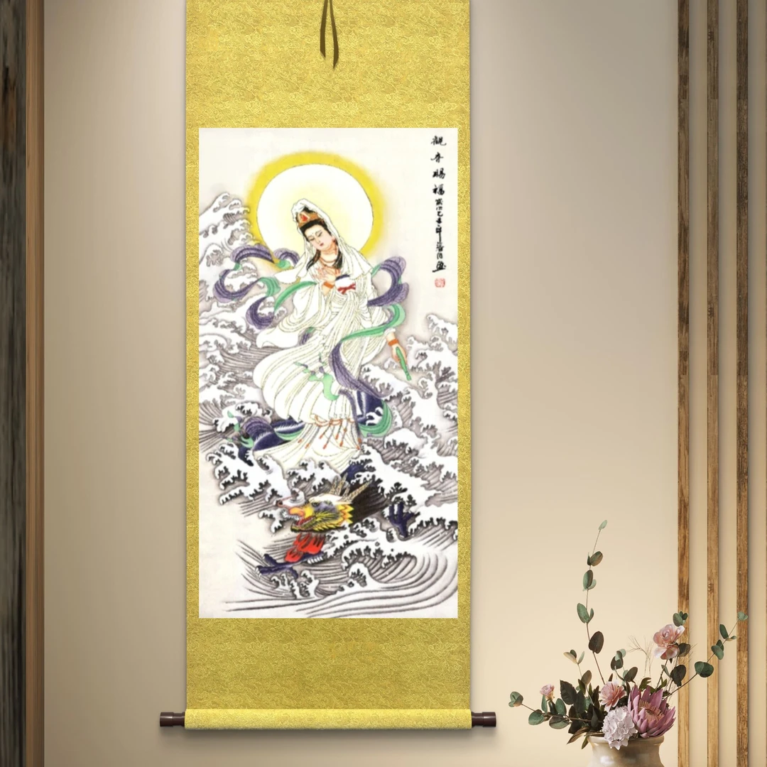 《观音赐福》挂画家庭客厅装饰现代画玄关挂画三尺竖幅P23