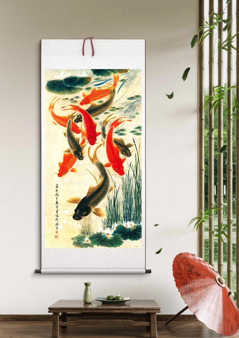 《九鱼图》客厅书房玄关背景墙挂画四尺竖幅D23