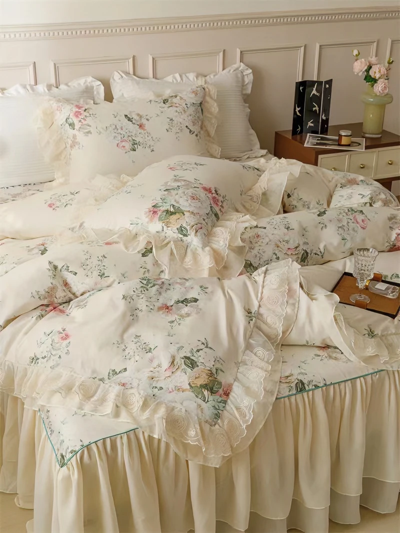 法式浪漫碎花纯棉床上四件套全棉田园公主风蕾丝荷叶花边被套花卉