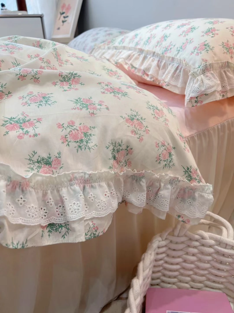 仙女荷叶边全棉四件套田园碎花清新公主花边被套纯棉韩国ins床品