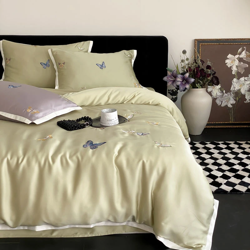 轻奢兰精天丝刺绣蝴蝶四件套夏季床单被套凉感床笠床上用品夏天
