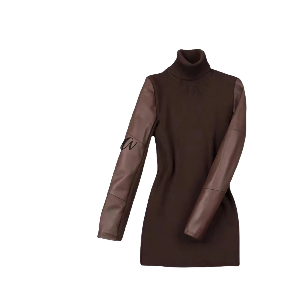 2023秋冬【美拉德羊皮袖打底】拼接高领气质时尚网红针织女士长袖