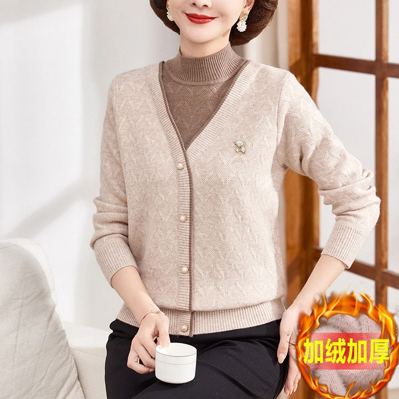 妈妈秋装2024新款针织打底衫半高领上衣中老年女秋冬加绒加厚毛衣