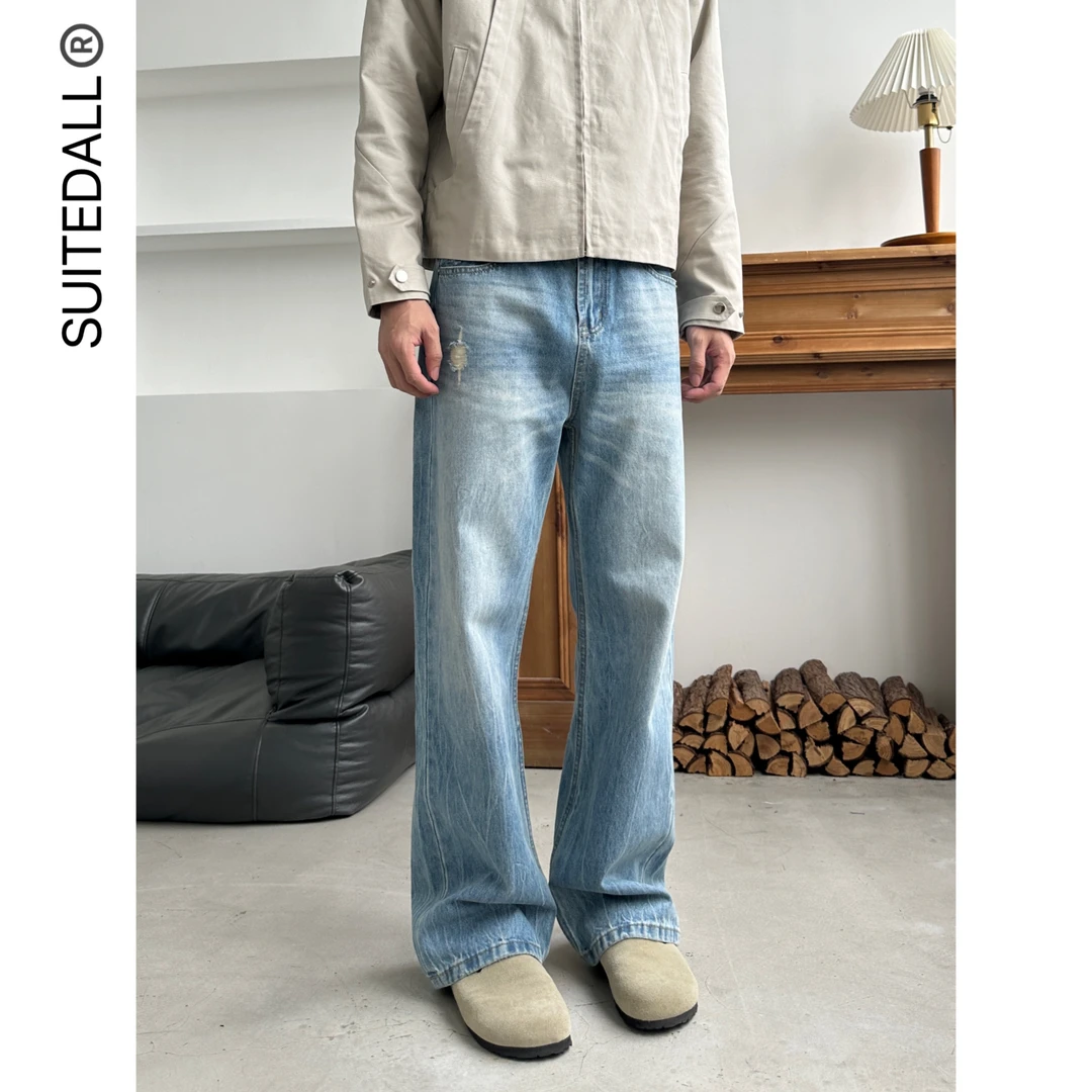 SUITEDALL"2021M"闪电裂纹水洗蓝牛仔裤直筒微喇叭磨破洞百搭长裤