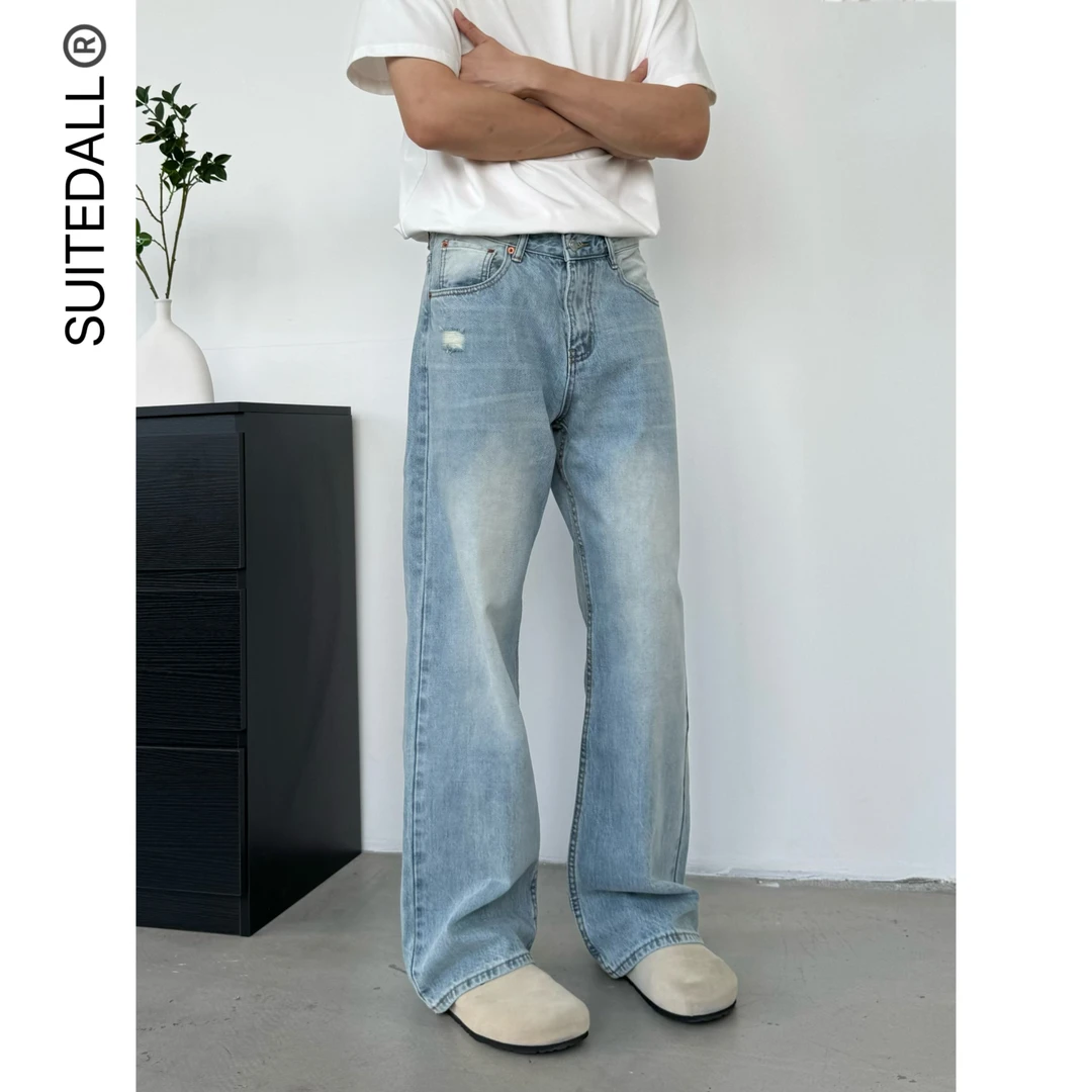 SUITEDALL水洗蓝2021M直筒微喇软牛仔设计感百搭休闲宽松通勤长裤