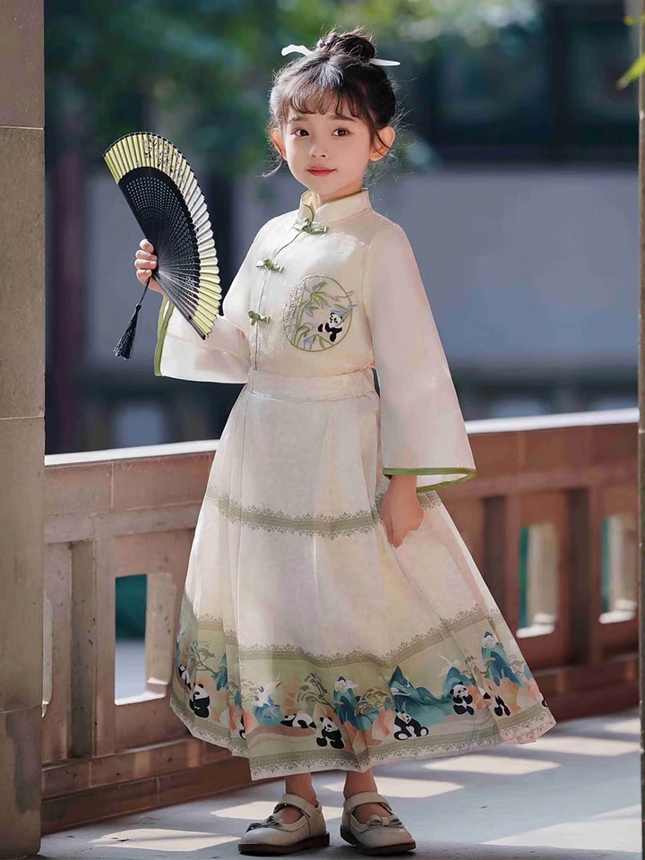 女童春款高品质重工洋气国风熊猫马面裙套装汉服
