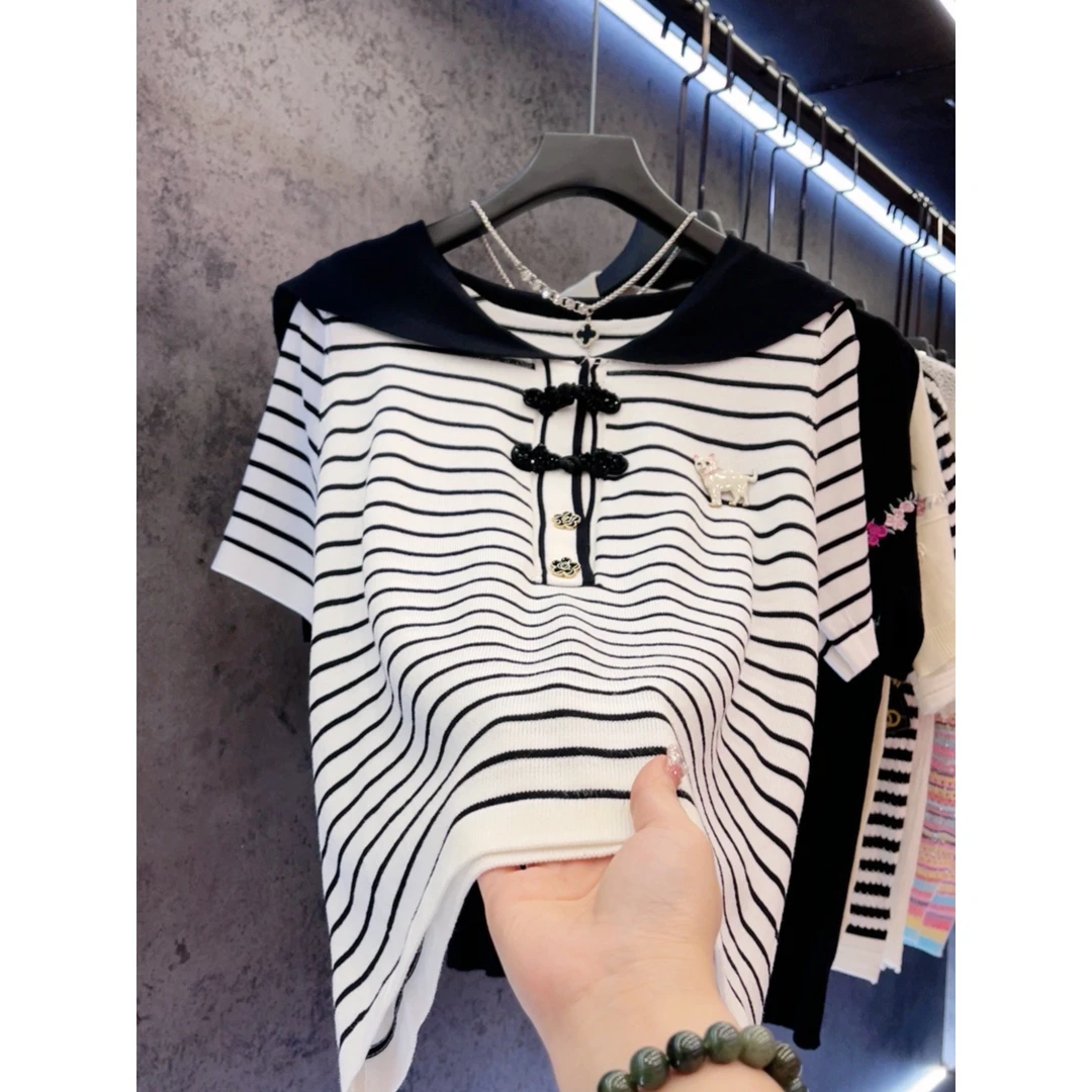 【定制大码女装80-200斤】夏季盘扣海军领条纹短袖上衣国风1183