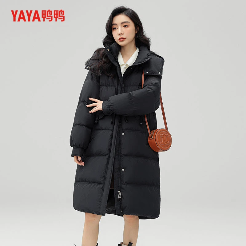 YAYA/鸭鸭防风舒适韩版保暖轻暖感连帽过膝长款羽绒服YE3B610271A