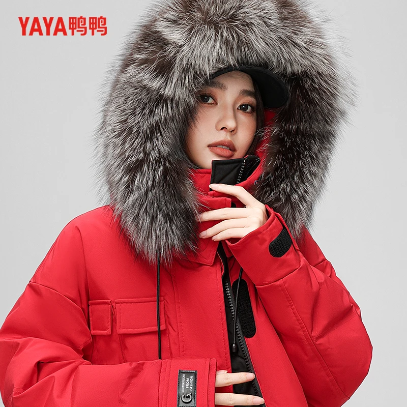 YAYA/鸭鸭【YE3B630412H】狐狸大毛领防寒派克时尚女士宽松羽绒服