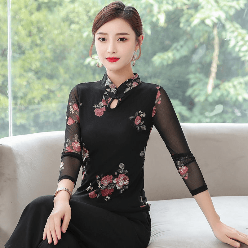 2023春秋新款中国风女装 大码民族复古网纱打底衫立领蕾丝长袖潮