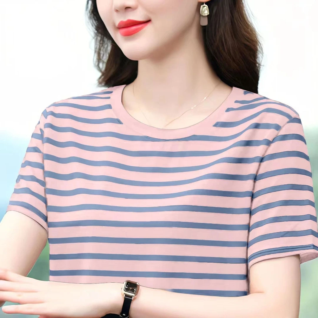 短袖T恤女士夏装新款条纹圆领上衣宽松大码显瘦遮肚妈妈女款短袖