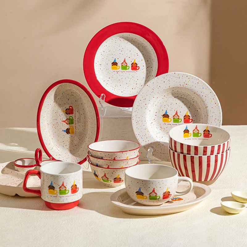 摩登主妇芝麻点可爱陶瓷碗盘子家用卡通餐具饭碗面汤碗盘分格餐盘