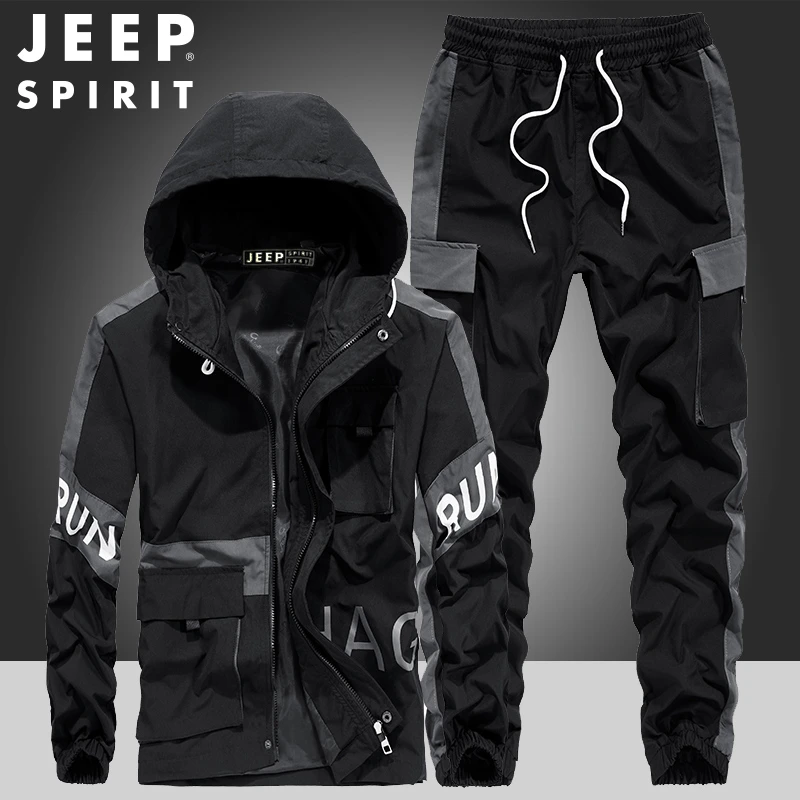 JEEPSPIRIT休闲套装男士潮流帅气时尚连帽卫衣外套一套搭配运动服