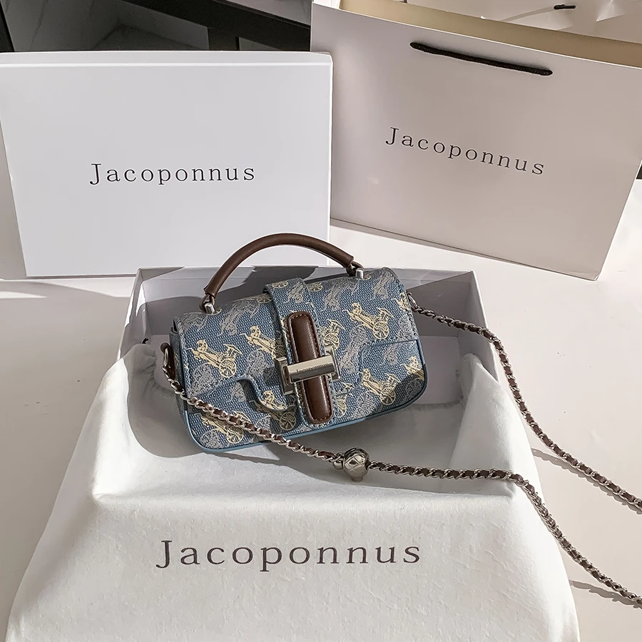 【雅各邦】链条真皮复古相机包女2025新款轻奢牛仔感手提斜挎单肩包