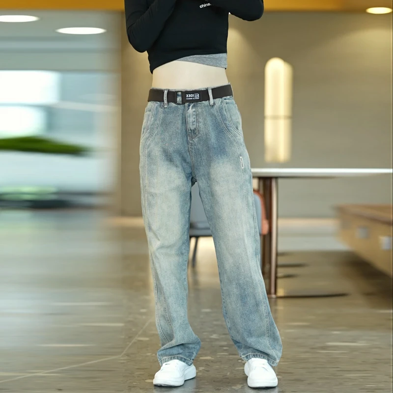 美式复古潮流高街潮牌纯色宽松阔腿重工水洗高街做旧百搭牛仔裤男