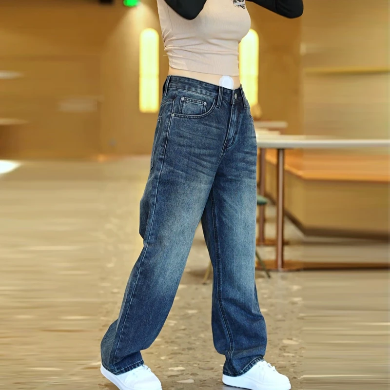 美式复古新款潮牌高街痞帅潮流阔腿重工水洗时尚直筒做旧牛仔裤男