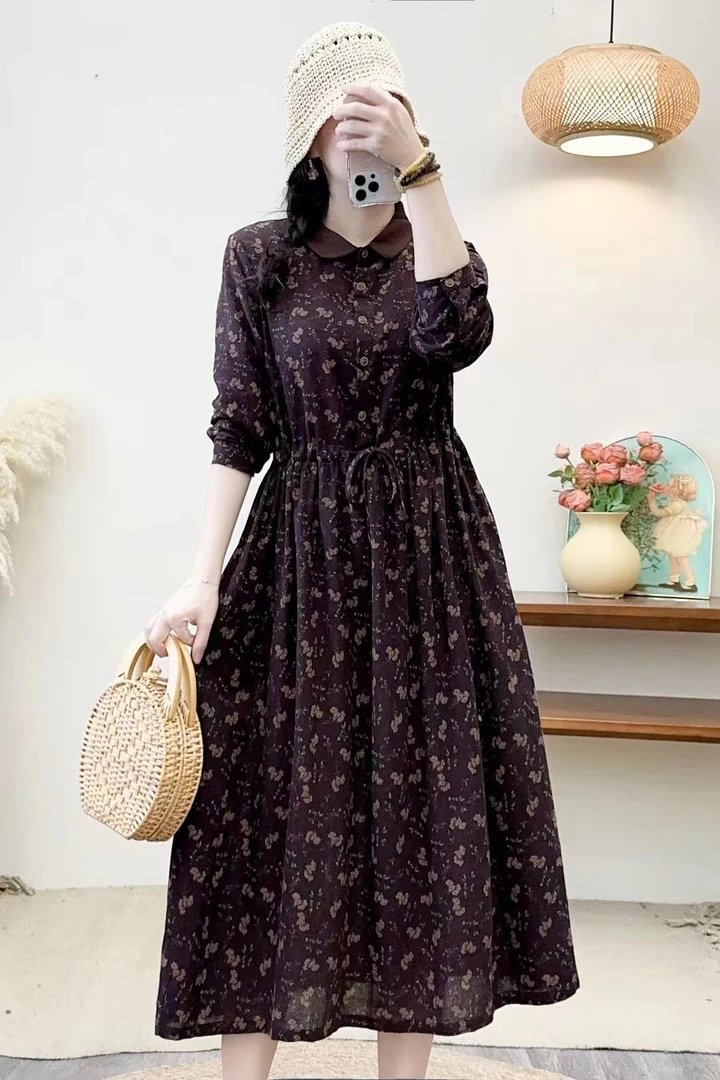 连衣裙碎花显瘦气质长袖长裙时尚收腰复古