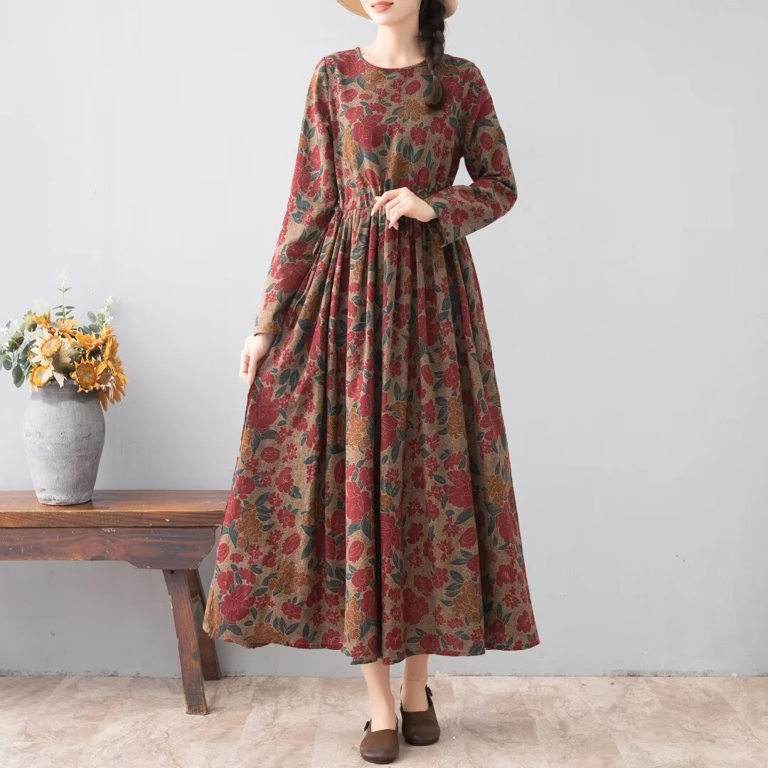 【大漂亮】2376 宽松復古中长款氣質長袖時尚休閒連衣裙