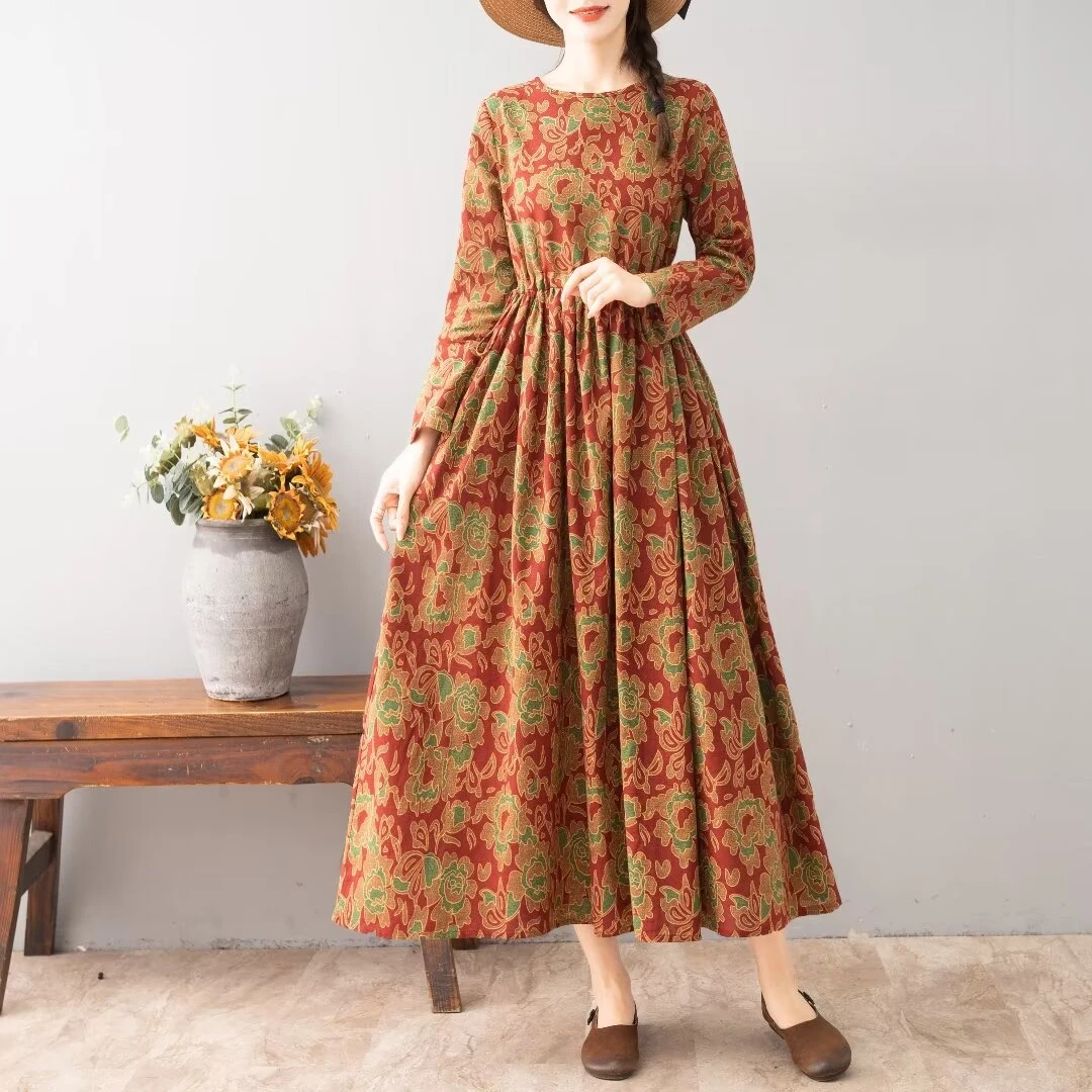 【大漂亮】2382 春秋款女装连衣裙裙子碎花气质长袖長裙時尚復古