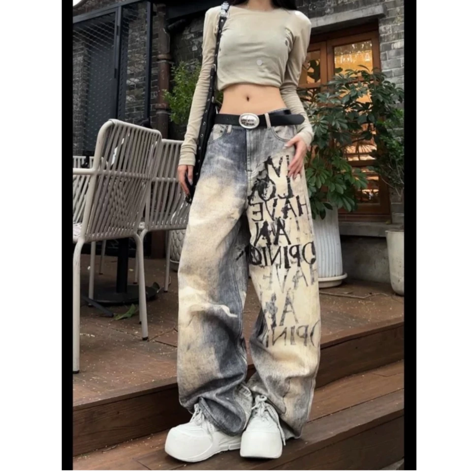 美式复古水洗渐变字母牛仔裤春秋新款宽松直筒高腰显瘦阔腿拖地裤