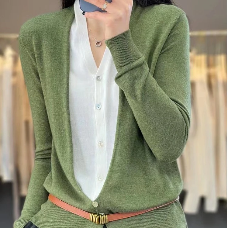 新娜娜 女士假两件开衫宽松百搭羊毛针织衫毛衣外套V领羊毛衫女12