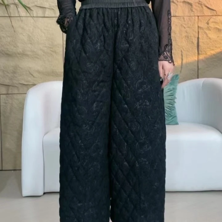 清静语qjy23076--1棉黑色气质提花松紧腰加厚百搭时尚夹棉茧型裤