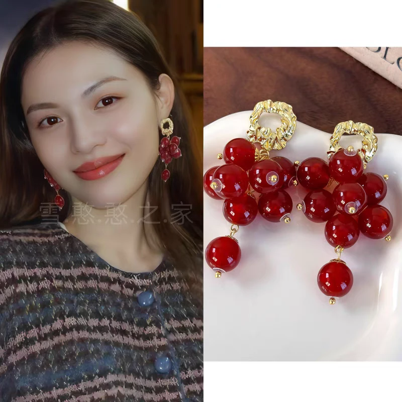 合金耳饰 红色串珠耳环耳饰耳钉耳坠耳夹2024秋冬新款女