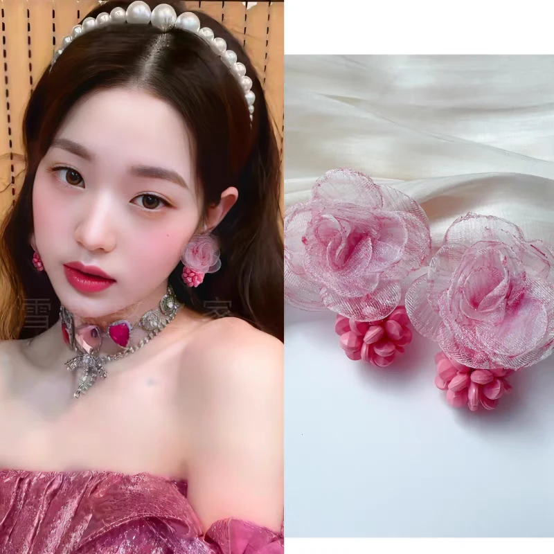 合金耳饰 张元英同款耳环红色网纱耳饰耳钉耳坠2024春夏新款