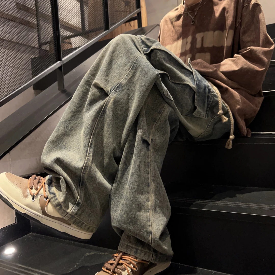 复古抽绳牛仔裤男秋冬美式高街痞帅大口袋工装裤直筒宽松休闲裤子