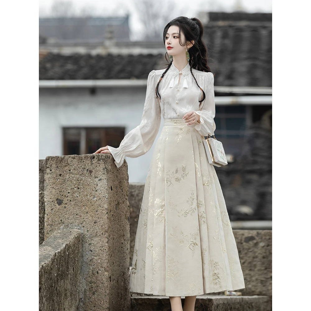 4448新中式套装国风女装古风长袖衬衫上衣汉元素马面裙显瘦两件套