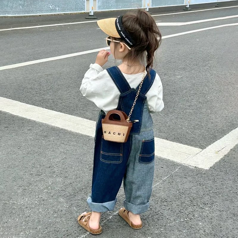 诺佳童装女童牛仔背带裤春秋季新款宝宝时髦撞色牛仔裤儿童韩范BB