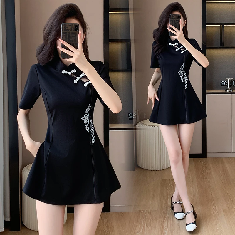 夏季中国风中式短裤两件套修身收腰显瘦时尚气质套裙法式连衣裙女