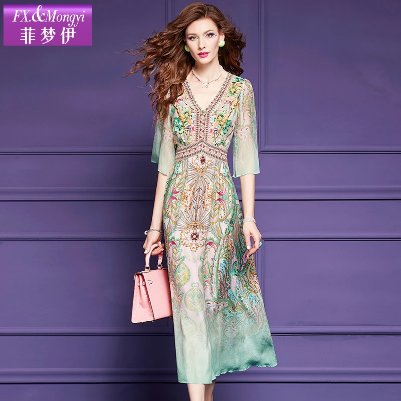 菲梦伊100%桑蚕丝碎花民族风显瘦大摆A字裙夏季新款连衣裙56860