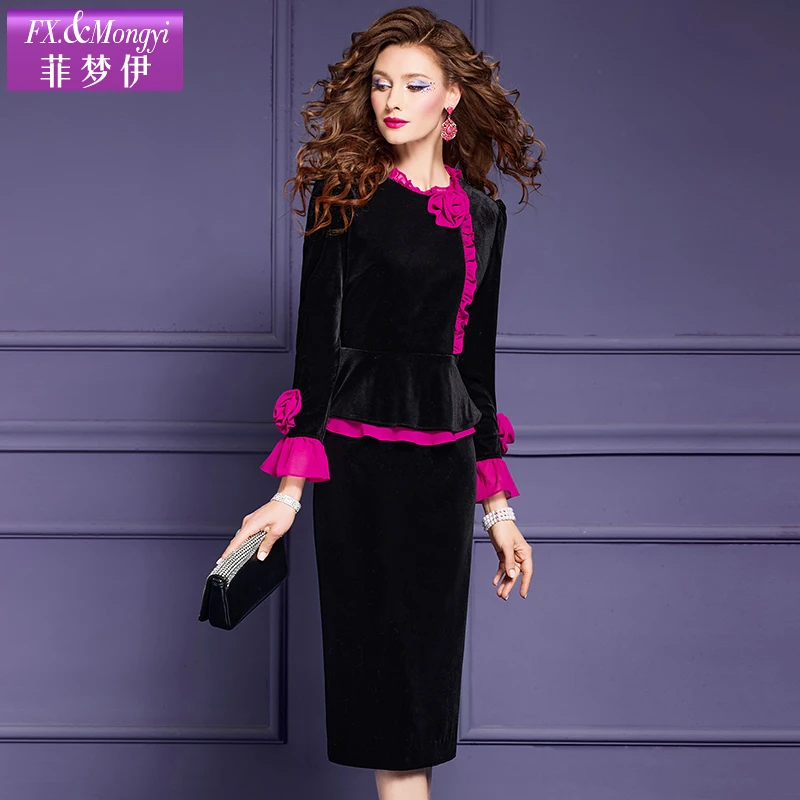 菲梦伊新款高端金丝绒冬季女士黑色长袖收腰气质连衣裙54954