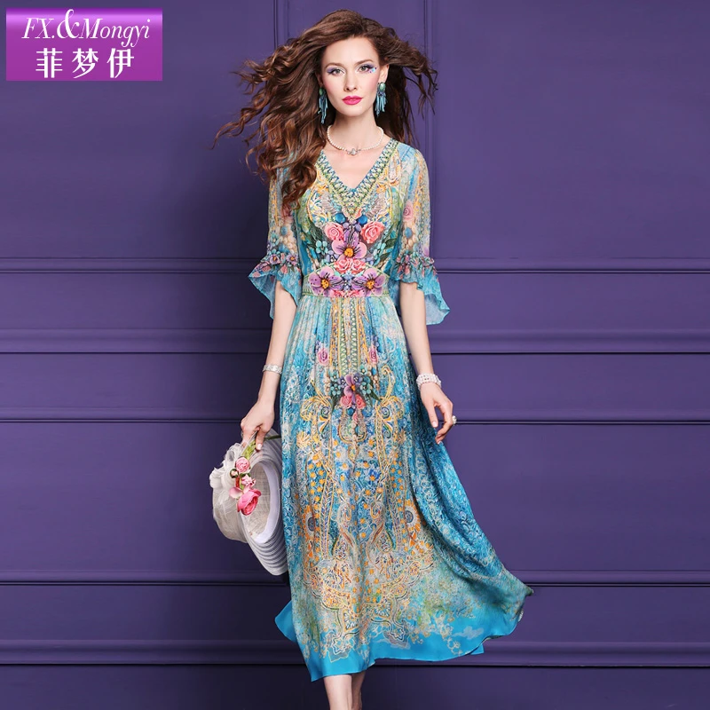 菲梦伊新款100桑蚕丝连衣裙时尚印花显瘦高腰大摆裙57536