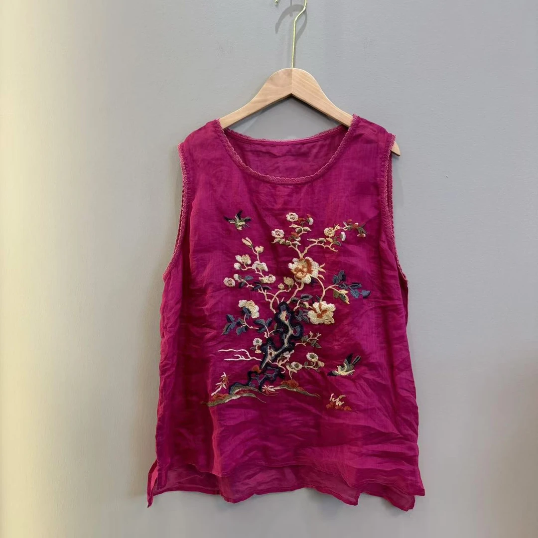 【春夏】纯色苎麻重工刺绣花边圆领休闲报答无袖背心【80-155】斤