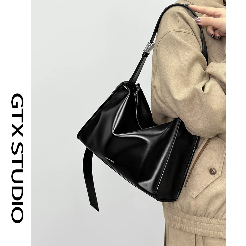 【谷田西】小众软皮托特包女大容量慵懒松弛感牛皮黑色斜挎通勤包