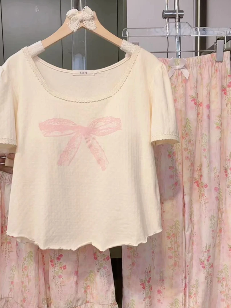 【纯棉-粉色蝴蝶结】简约女士睡衣棉质气质夏季宽松韩版舒适