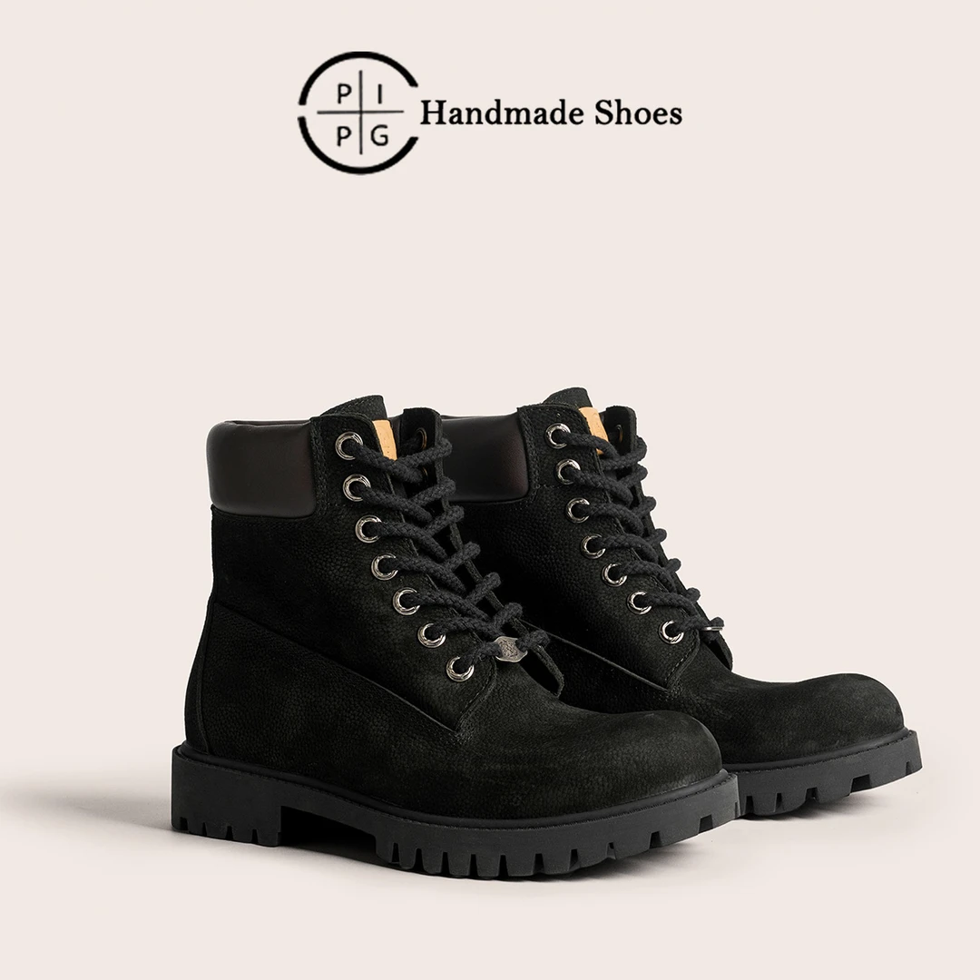 PIPG复古黑色马丁靴男女款经典高帮2024秋冬厚底磨砂大头工装靴子