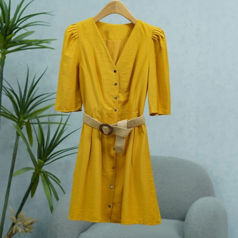 LI丽系列  E461  女装时尚撤柜V领连衣裙芒果黄76492091