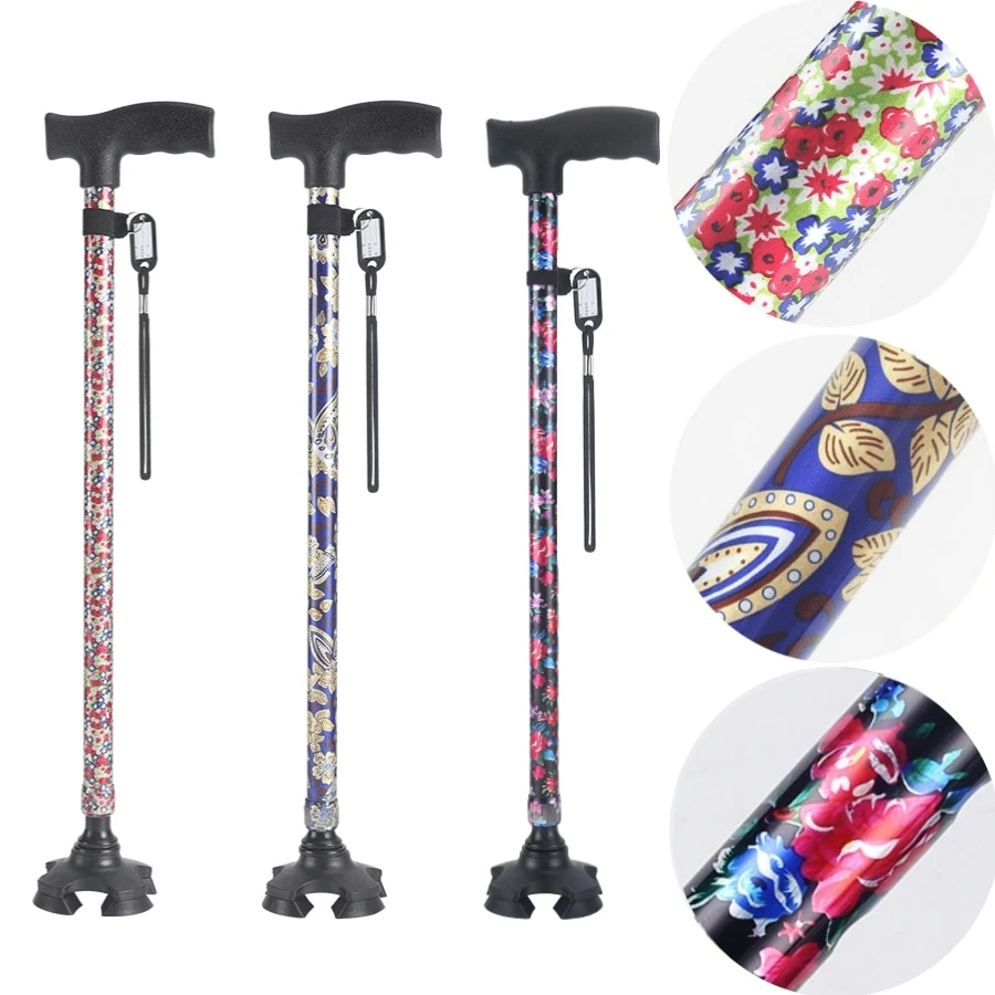 精美印花手杖老人四脚拐杖老年人扙轻便多功能伸缩防滑铝合金拐棍