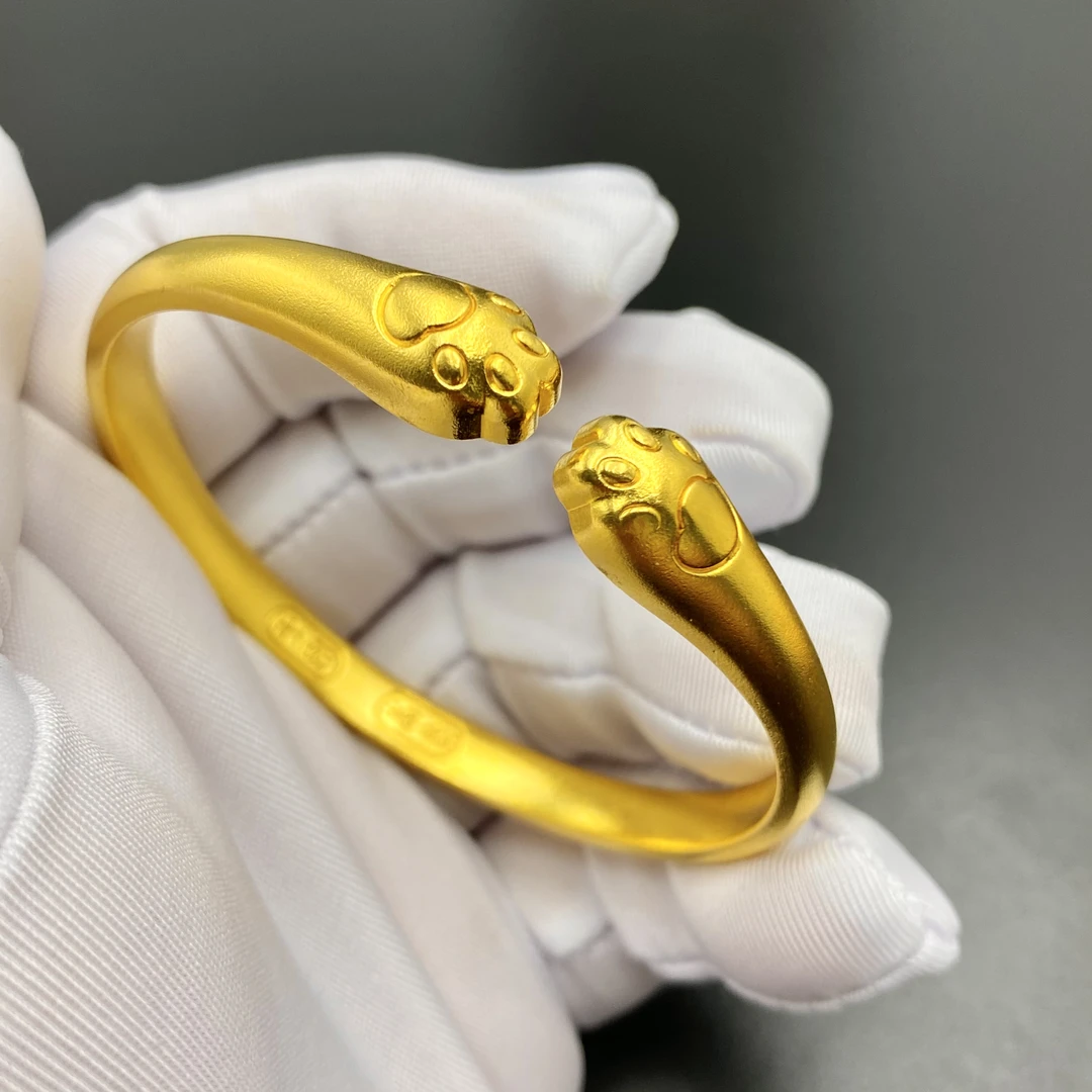 足银手镯 开口猫爪手镯 足银999 包了金 时尚百搭手工经典实心