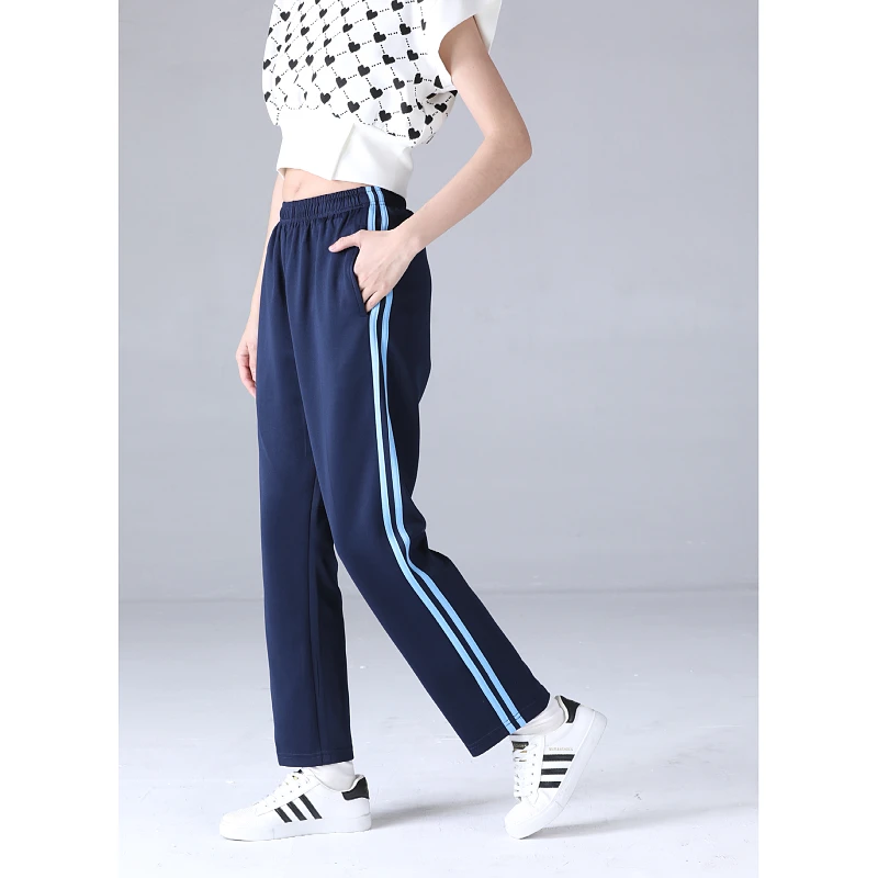 春秋男女通用款南韩丝双浅蓝条藏蓝色小学初高中生运动校服裤