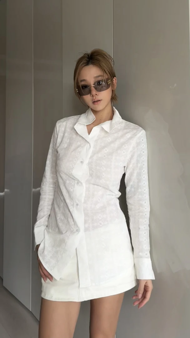 半高领复古刺绣早秋白色衬衫88225